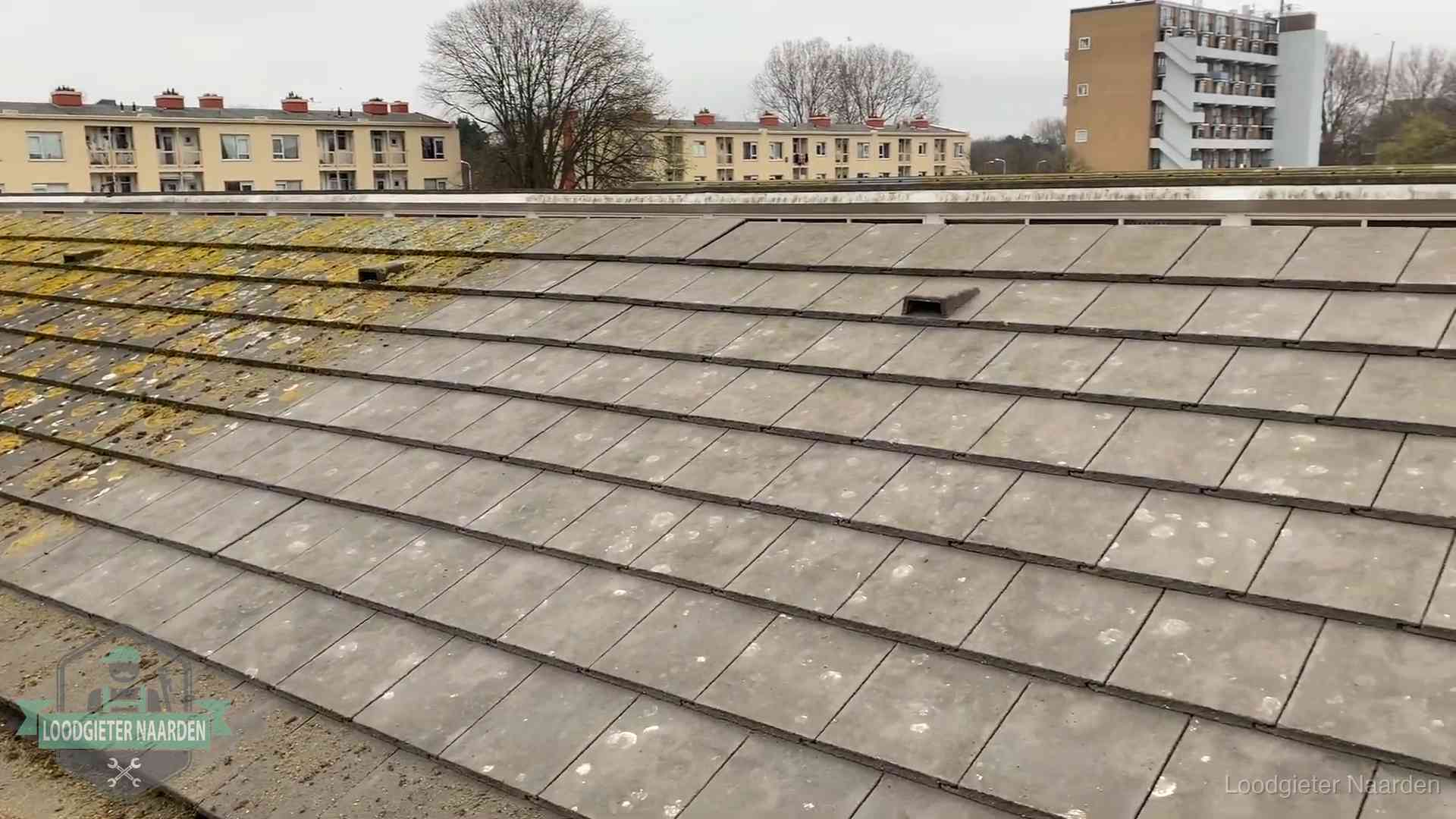 Dakpannen op een schuin dak in Naarden Schuin dak met betonpannen vol mos in Naarden, een risico op lekkage bij de pannen